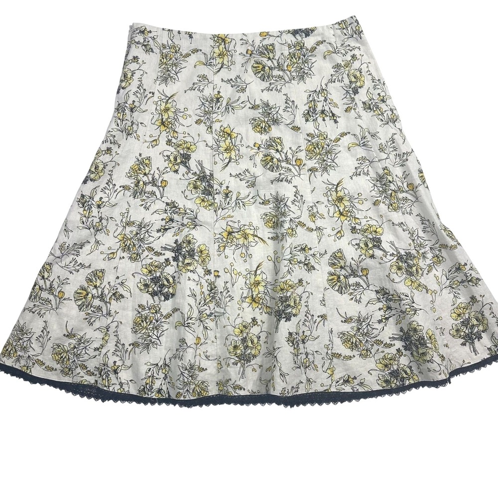 VTG‎ Floral A-Line Skirt Yellow & Black Pattern Lace trim Size L Linen Blend